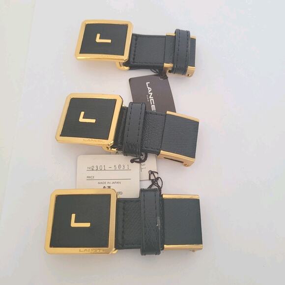 Lancel Paris Gold Black Metal Belt Buckle Logo Slim Vintage Designer Lot 3 New - Picture 1 of 6